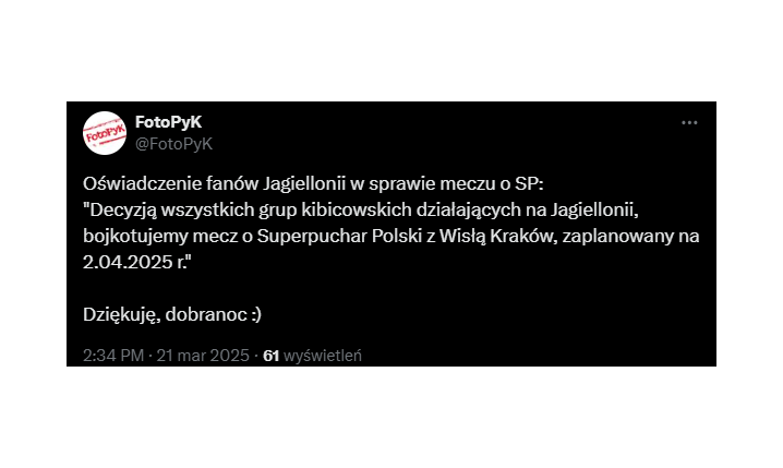 OŚWIADCZENIE kibiców Jagiellonii dot. SUPERPUCHARU POLSKI O.o